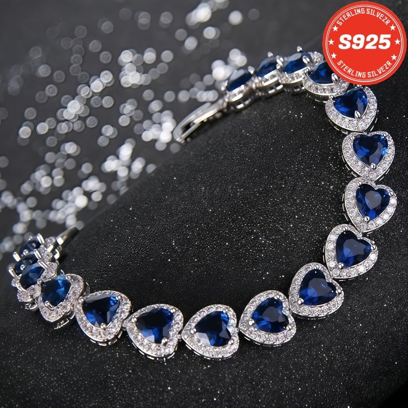 Bracelet pour femme en argent sterling S925, cœur bleu en moissanite complète – Style élégant et luxueux, cadeau idéal pour une sœur, une mère, un anniversaire, la Saint-Valentin et Noël