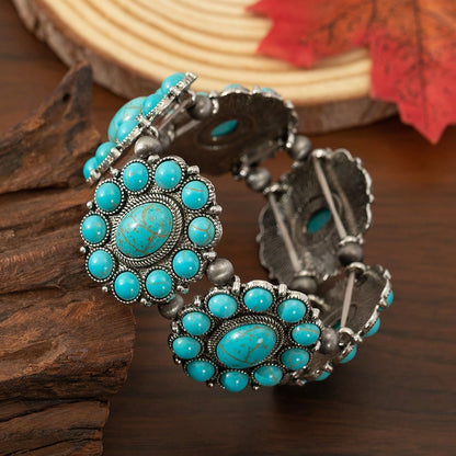 Bracelet élastique perlé turquoise style bohème pour femme – Bracelet vintage élastique en alliage de zinc, bijou décontracté pour tous les jours & cadeau idéal pour elle