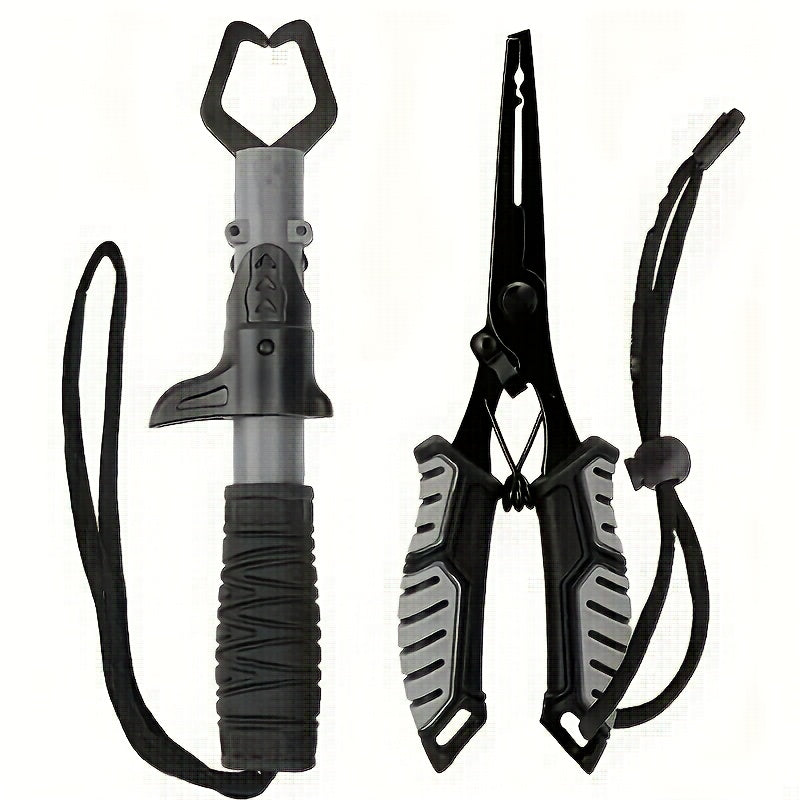 Ensemble pince de pêche et pince à poisson 2 pièces en acier inoxydable avec poignée confort TPR, verrou à ressort, dégorgeoir, coupe-fil et cordon - Outil de pêche essentiel en eau douce et en eau salée, cadeau pour pêcheurs