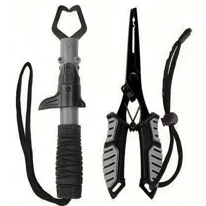 Ensemble pince de pêche et pince à poisson 2 pièces en acier inoxydable avec poignée confort TPR, verrou à ressort, dégorgeoir, coupe-fil et cordon - Outil de pêche essentiel en eau douce et en eau salée, cadeau pour pêcheurs
