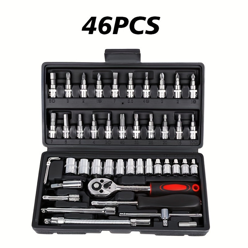 Ensemble d'outils de réparation pour maison et voiture 46 pièces – Jeu de clés à cliquet, tournevis et douilles pour réparations de voitures, motos, vélos et entretien domestique