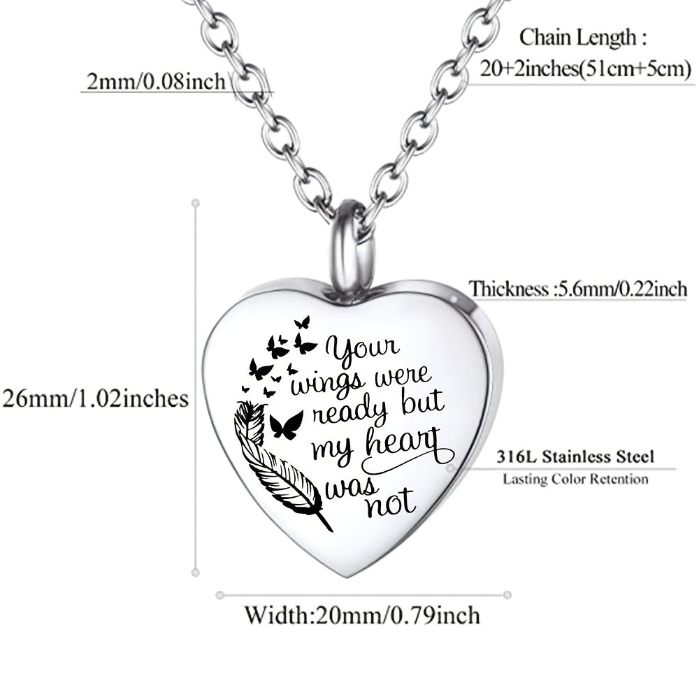 Collier urne funéraire en forme de cœur pour cendres – Lot de 2 pendentifs médaillons gravés pour hommes et femmes, bijoux commémoratifs en acier inoxydable « Your Wings Were Ready But My Heart Was Not », cadeau de sympathie