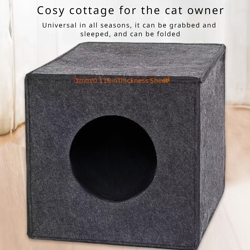 Panier pour chat carré en feutre, pliable et lavable en machine – Maison pour chat semi-fermée de 3 mm d'épaisseur, ne s'affaisse pas, grotte pour chat toutes saisons pour dormir et jouer, 33 x 37 x 33 cm, gris foncé et gris clair
