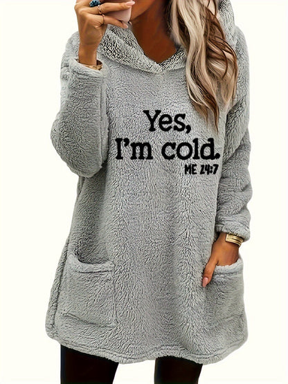 Women's "Yes I'm Cold" Teddy Bear Graphic Hooded Sweatshirt – Cozy Fleece-Lined Pullover Hoodie Double Pocket Long Sleeve 100% Polyester Fall Winter Casual Top