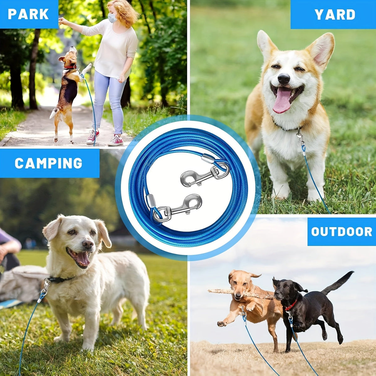 Câble d'attache pour chien pour jardin – Laisse en fil d'acier robuste pour extérieur de 3/4,5/6/9 mètres avec clips durables, pour grands chiens jusqu'à 75 kg, bleu
