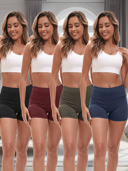 Ensemble de 4 shorts de yoga ultra-extensibles pour femmes – Shorts de fitness galbants à séchage rapide avec taille élastique et 2 poches, short de sport uni pour la gym, la course et le Pilates, S-XXL