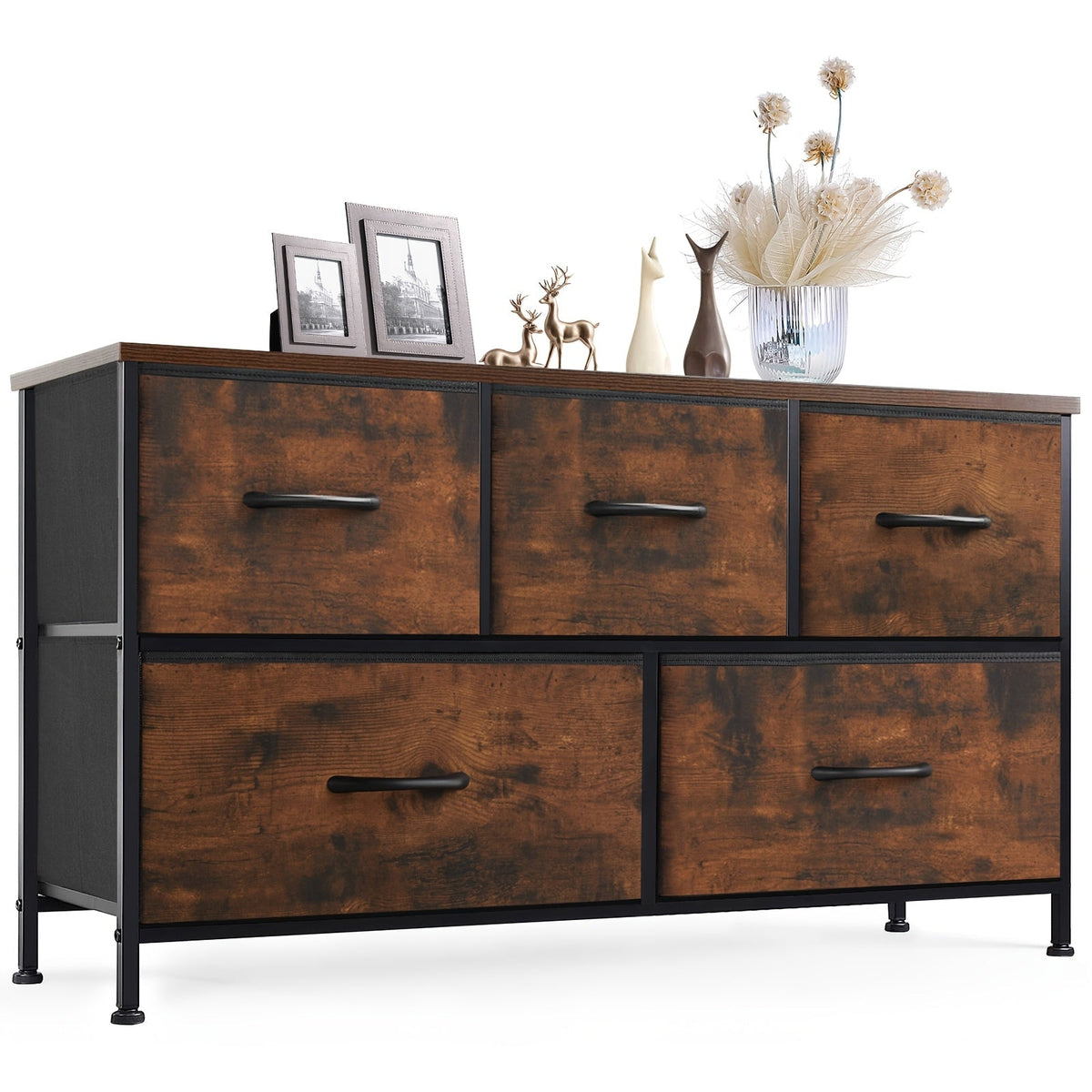 Meuble à tiroirs avec cadre en métal et dessus en bois massif – Organisateur de rangement pour bureau à domicile, 2 à 10 tiroirs, assemblage requis – Blanc, gris, noir, brun rustique – Caisson de rangement pour chambre, salon et bureau