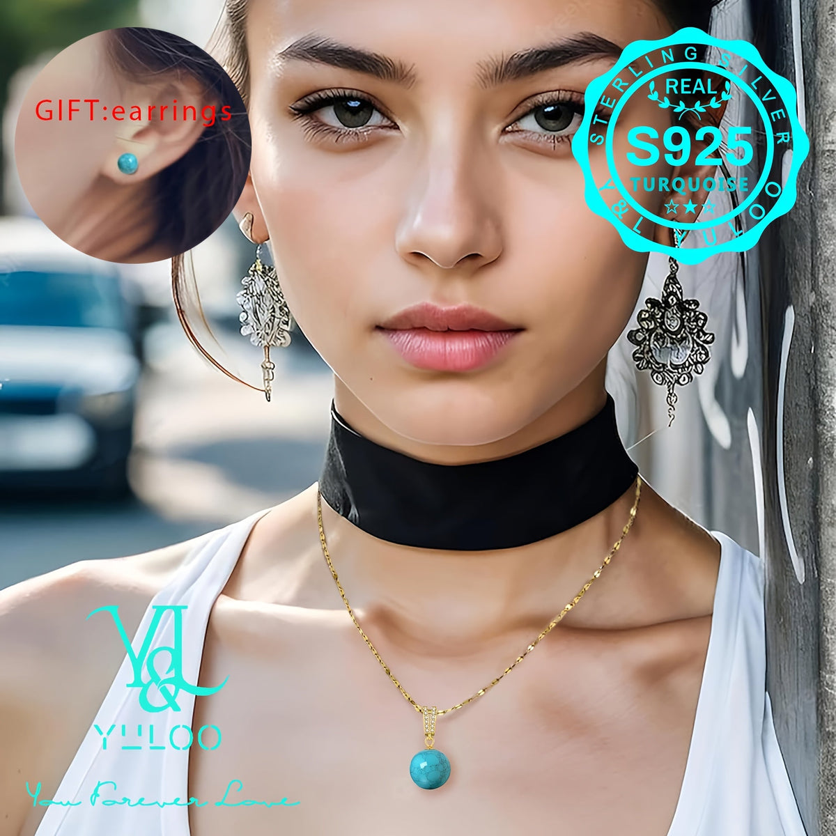 Collier pendentif en argent sterling 925 avec véritable turquoise naturelle, 18+2 pouces – Élégant bijou bohème en pierre précieuse pour femme avec boucles d'oreilles offertes, disponible en argent et en or, cadeau idéal pour elle