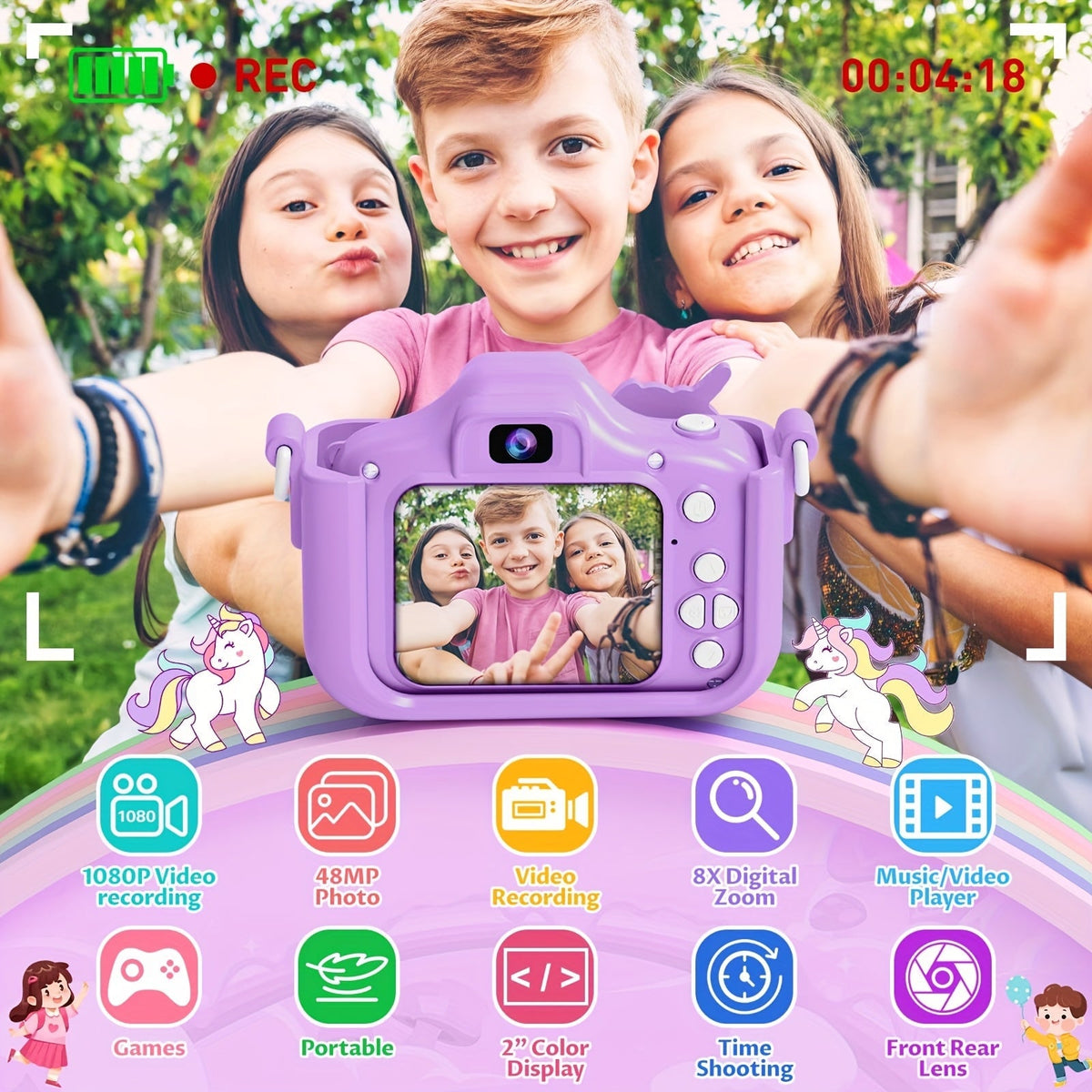 Appareil photo pour enfants, caméra numérique HD 1080P 48MP avec enregistrement vidéo, 5 jeux intégrés, mode selfie - Appareil photo pour filles et garçons de 3 à 12 ans, cadeau d'anniversaire, Noël ou Halloween (rose ou bleu)