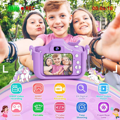 Appareil photo pour enfants, caméra numérique HD 1080P 48MP avec enregistrement vidéo, 5 jeux intégrés, mode selfie - Appareil photo pour filles et garçons de 3 à 12 ans, cadeau d'anniversaire, Noël ou Halloween (rose ou bleu)