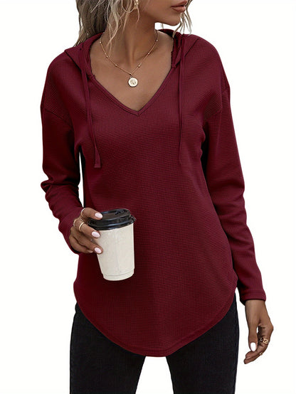 Sweat-shirt à capuche pour femme avec ourlet asymétrique, col en V et cordon de serrage - Pull décontracté à manches longues en maille pour l'automne et l'hiver