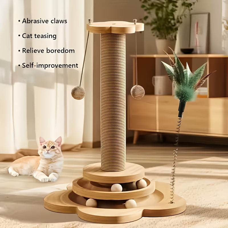 Arbre à chat en bois 5-en-1 avec griffoir pour chats d'intérieur, poteau en sisal, circuit à balles sur 2 niveaux, jouet interactif à plumes et balles suspendues, mobilier pour chatons et chats adultes