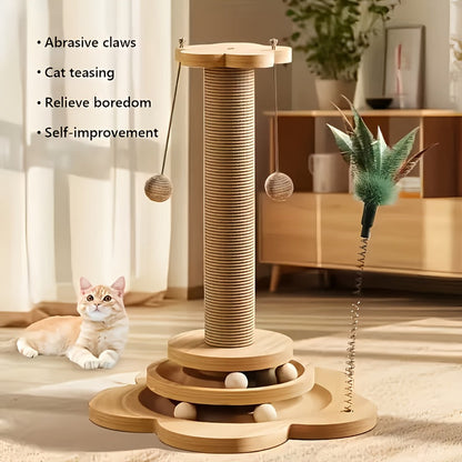 Arbre à chat en bois 5-en-1 avec griffoir pour chats d'intérieur, poteau en sisal, circuit à balles sur 2 niveaux, jouet interactif à plumes et balles suspendues, mobilier pour chatons et chats adultes
