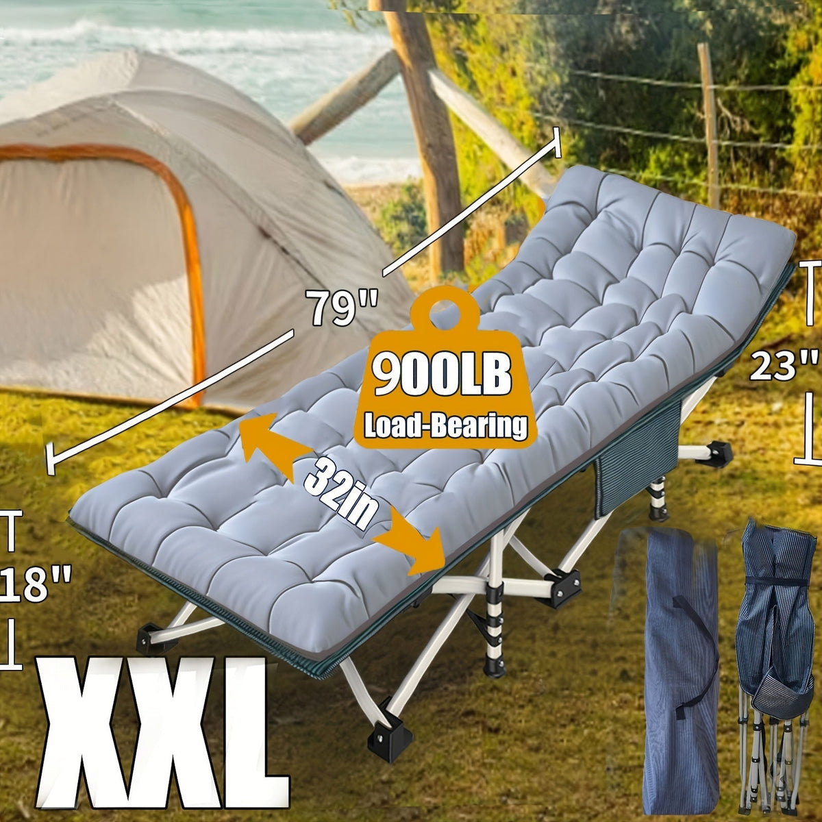 Lit de camp XXL de 81 cm de large avec matelas – Lit de couchage pliable ultra-robuste en tissu Oxford 1200D avec sac de transport pour adultes, lit d'appoint portable extra large pour le camping, la randonnée, les voyages et les invités
