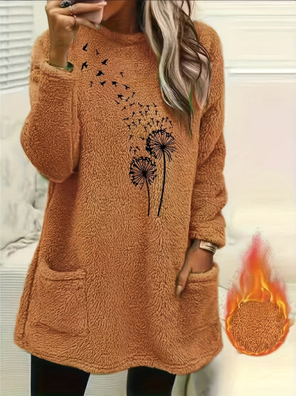Dandelion Print Sweatshirt Women - Cozy Fleece-Lined Long Sleeve Pullover, Soft Stretch Casual Fall Winter Top, S-XXL