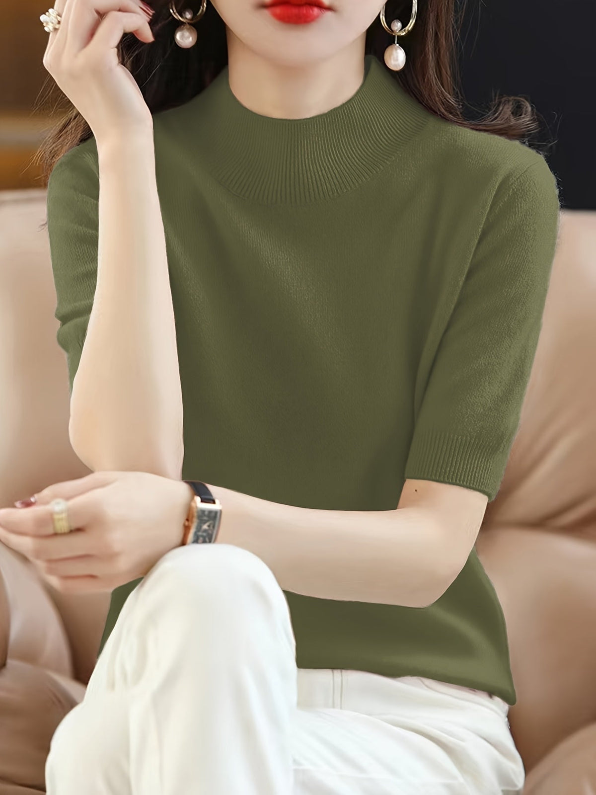 Women's Crew Neck Pullover Sweater Elegant Solid Color Short Knit Top Rib-Trim Stretchy Half-Neck Base Layer Shirt for Women