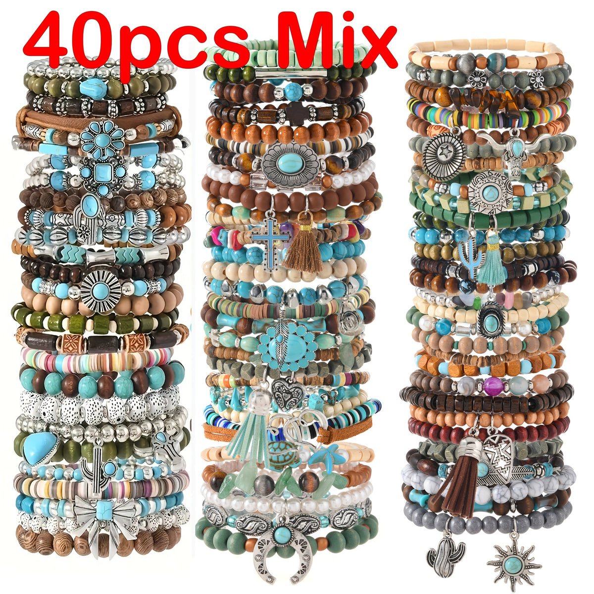 Lot de 40 bracelets bohèmes faits main en perles de bois et pierre turquoise – Couleurs mélangées, pendentif en alliage de zinc, bracelets empilables style vintage pour femmes et hommes, cadeau pour couples et fêtes
