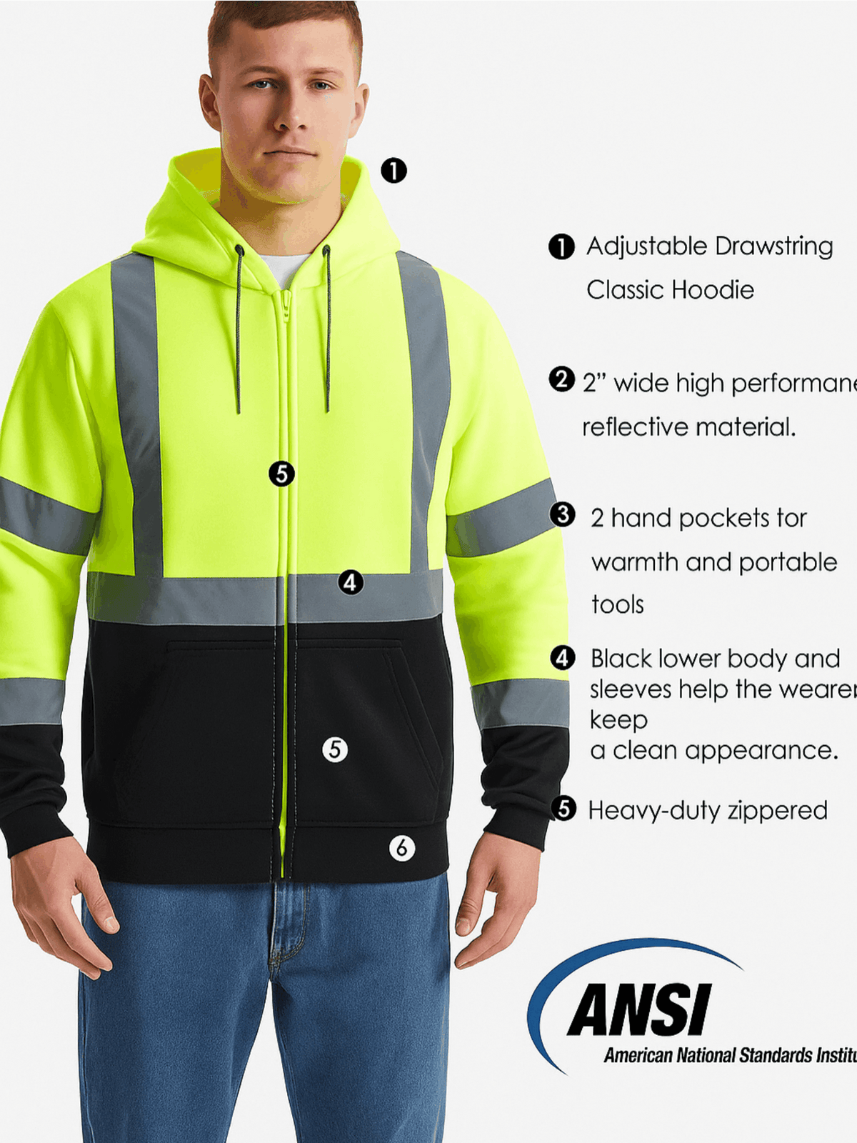 Sweat-shirt à capuche zippé en polaire haute visibilité ANSI classe 3 type R, vêtement de travail de chantier unisexe avec cache-cou, jaune fluorescent