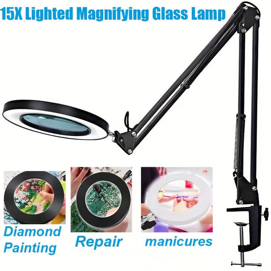 15X Magnification LED Magnifying Glass Lamp with Adjustable Arm & Clamp Base – Dimmable 3-Color Light, USB-Powered Desk Magnifier for Reading, Crafts, Manicure, Sewing & Precision Work (Black/White)