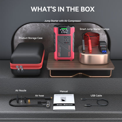 Démarreur de voiture 4000A avec compresseur d'air et gonfleur de pneus – Booster de batterie portable tout-en-un pour moteurs essence et diesel, lampe LED, batterie externe USB, affichage numérique, démarreur d'urgence compact