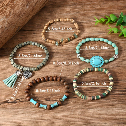 Lot de 40 bracelets bohèmes faits main en perles de bois et pierre turquoise – Couleurs mélangées, pendentif en alliage de zinc, bracelets empilables style vintage pour femmes et hommes, cadeau pour couples et fêtes