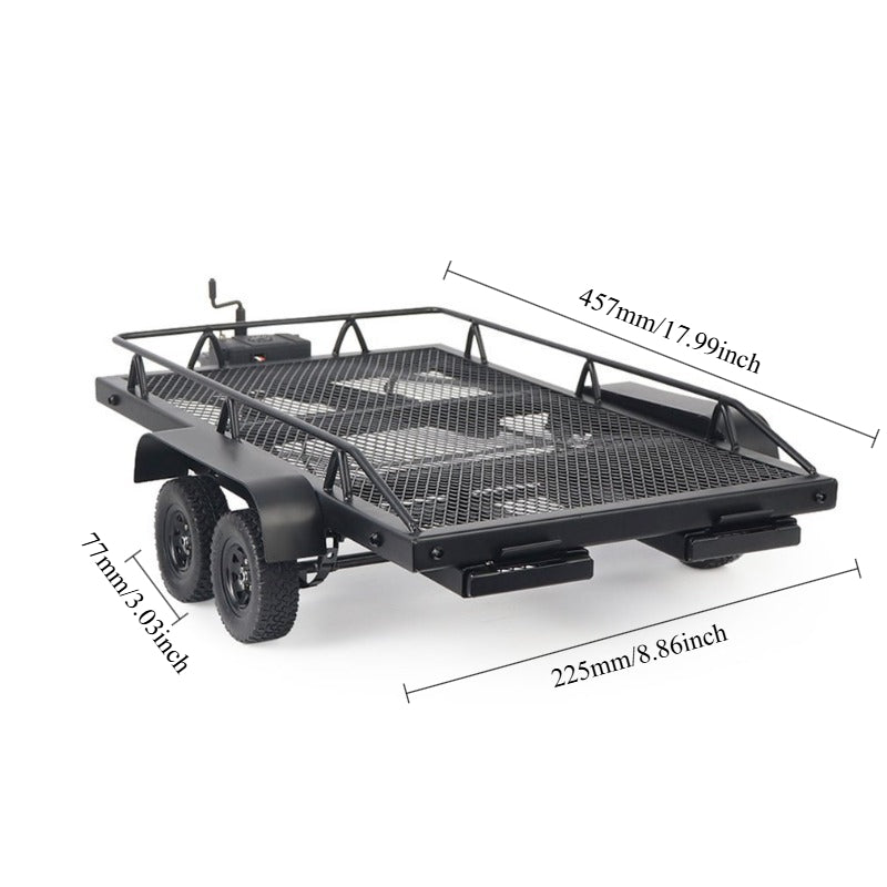 Remorque plateau en métal à double essieu à l'échelle 1/10 pour crawler RC – Compatible avec TRX4, KM2, SCX10, RC4WD, D90, longueur totale de 815 mm, capacité de charge de 50 kg+, accessoire de simulation pour voiture RC