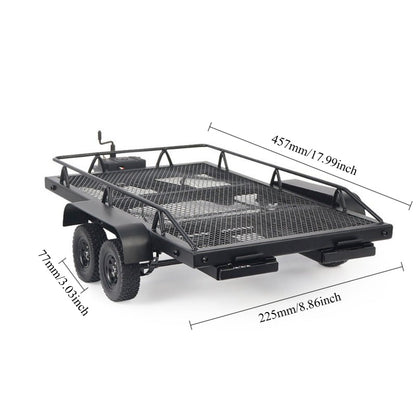 Remorque plateau en métal à double essieu à l'échelle 1/10 pour crawler RC – Compatible avec TRX4, KM2, SCX10, RC4WD, D90, longueur totale de 815 mm, capacité de charge de 50 kg+, accessoire de simulation pour voiture RC