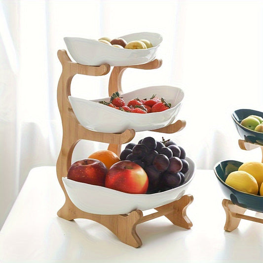 2-3 Tier Fruit Bowl Stand for Kitchen Counter – Tiered Fruit Basket with Bread Tray & Candy Display, Space-Saving Countertop Organizer for Living Room, Easy Assembly, Great Birthday & Mother's Day Gift (White/Green)