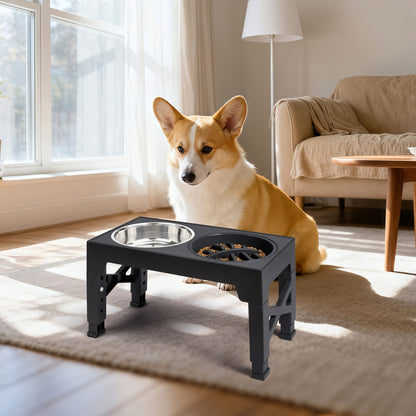 Support surélevé ajustable pour gamelles de chien avec lot de 3 gamelles – 5 hauteurs de 8,1 à 31 cm, 2 gamelles en acier inoxydable + gamelle anti-glouton pour petits, moyens et grands chiens, mangeoire surélevée noire ou grise