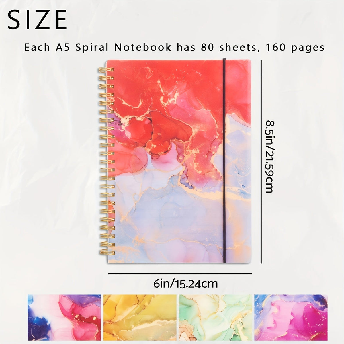 Lot de 5 carnets à spirales à couverture rigide effet marbre A5 – 400 feuilles de papier épais anti-transparence pour le travail, l'école et le journal intime, fournitures de rentrée scolaire, cadeau pour professeur