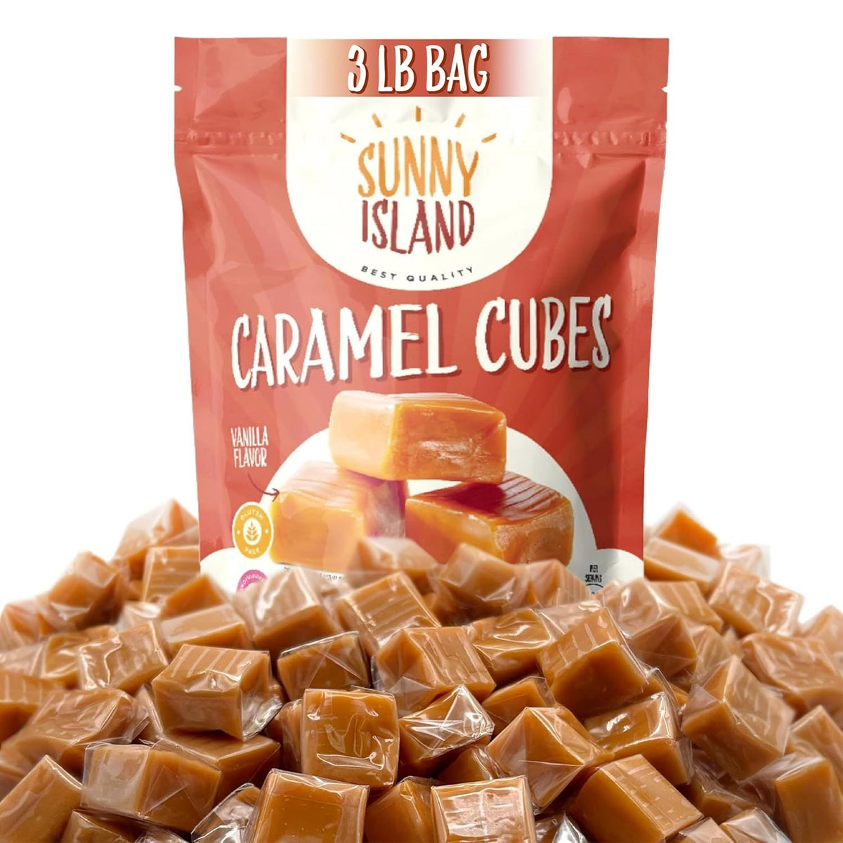 Cubes de caramel à la vanille, paquet en vrac de 1,36 kg (3 livres) – environ 225 pièces, emballées individuellement, carrés de caramel fondant au beurre et à la vanille pour le grignotage, la pâtisserie, les cadeaux et les bols à bonbons