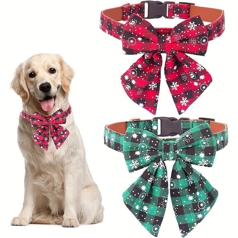 Collier de Noël pour chien avec nœud papillon amovible – Collier festif pour petit, moyen et grand chien, motif écossais classique rouge et vert, cadeau de fêtes pour animal de compagnie