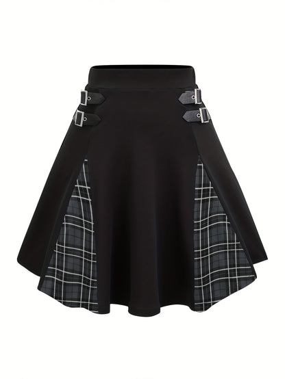 Mini-jupe trapèze gothique à carreaux avec boucle pour femme, jupe en tricot style Y2K à blocs de couleurs, noir gris rouge bleu violet S M L XL XXL