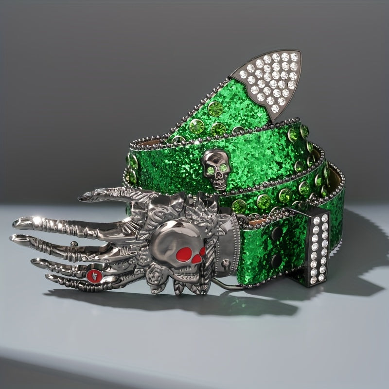 Ceinture punk unisexe à tête de mort – Similicuir orné de strass avec boucle tête de mort en alliage de zinc, accessoire de mode audacieux pour Halloween, les fêtes et le quotidien, 5 couleurs disponibles