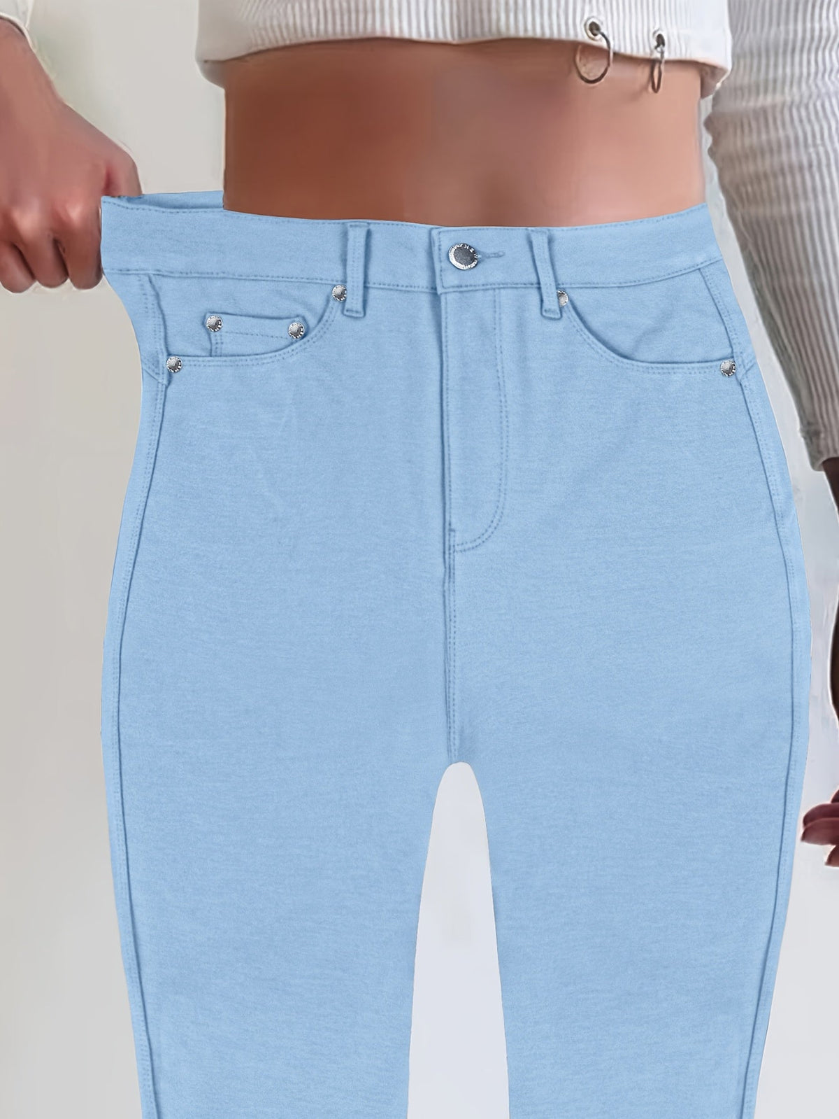 Jean skinny stretch taille haute pour femme, détail bouton en métal, style urbain, pantalon en jean coupe ajustée, 10 couleurs, S-XXL