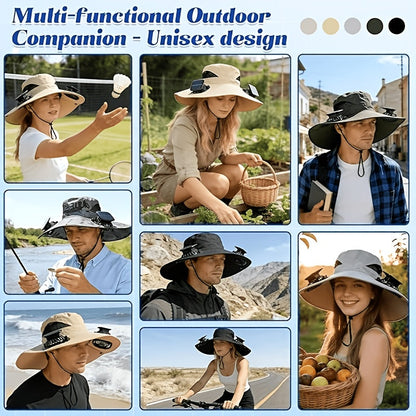 Chapeau de soleil à larges bords avec ventilateurs solaires – 2 ventilateurs solaires intégrés, vitesse du vent réglable, maille respirante, chapeau d'extérieur anti-UV avec mentonnière pour la pêche, le camping et les voyages
