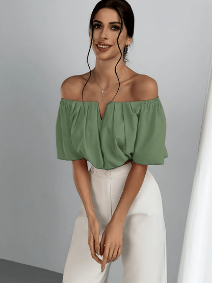Off Shoulder V-Neck Blouse Women Short Sleeve Solid Color Sexy Summer Top | Vacation Party Casual Wear Multiple Colors XS-L