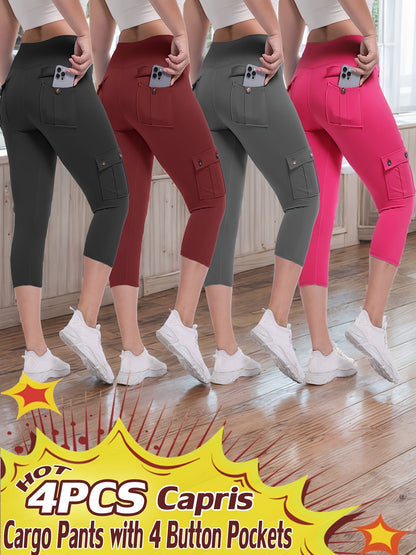 Lot de 4 pantalons de yoga Capri taille haute pour femmes, extensible dans les 4 sens, galbant, gainant, 4 poches - Leggings de sport pour la course, S-XXL, toutes saisons