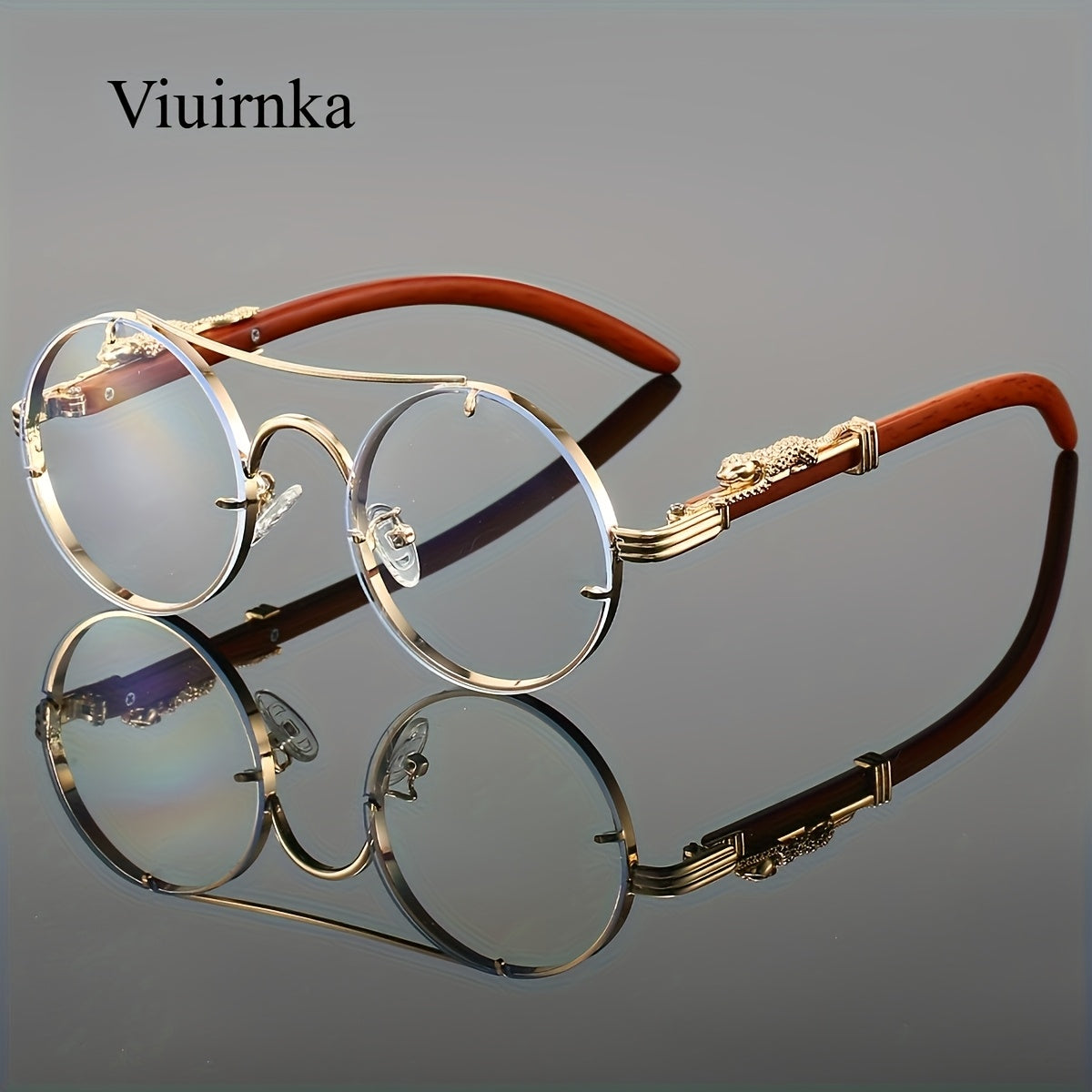 Lunettes de soleil rondes à monture en métal avec verres dégradés pour hommes et femmes – Luxe, double pont, détails léopard sur les charnières, verres en polycarbonate dégradés, étui inclus, style chic pour les vacances et la ville