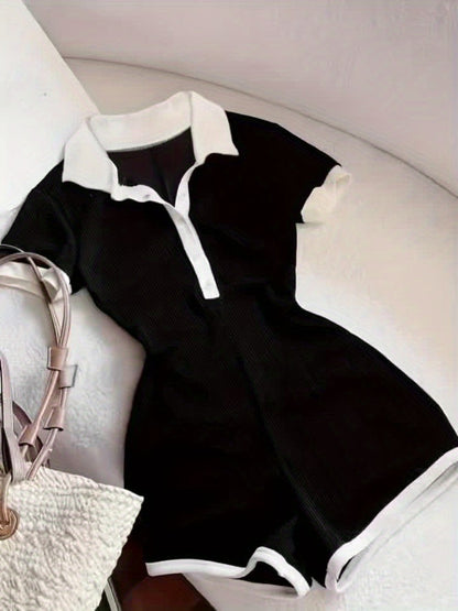 Body femme à empiècements contrastés style Y2K, col à revers, haut une pièce décontracté, extensible et ajusté, noir XS S M L XL XXL