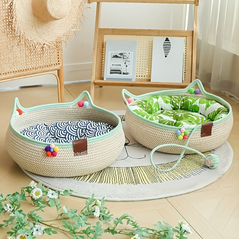 Griffoir et lit 2-en-1 pour chat avec balle de jeu – Tapis à gratter en carton durable et réutilisable, meuble pour chat au style naturel et peu encombrant pour chats d'intérieur, petits chiens et foyers multi-animaux
