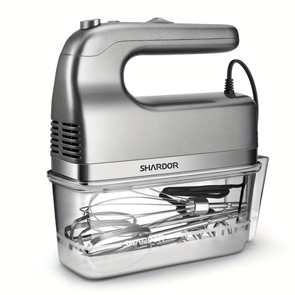 Batteur à main électrique 5 vitesses avec fonction turbo, coffret de rangement et 5 accessoires en acier inoxydable - 2 fouets, 2 crochets pétrisseurs, 1 fouet ballon, batteur à main de cuisine pour la pâtisserie, argenté