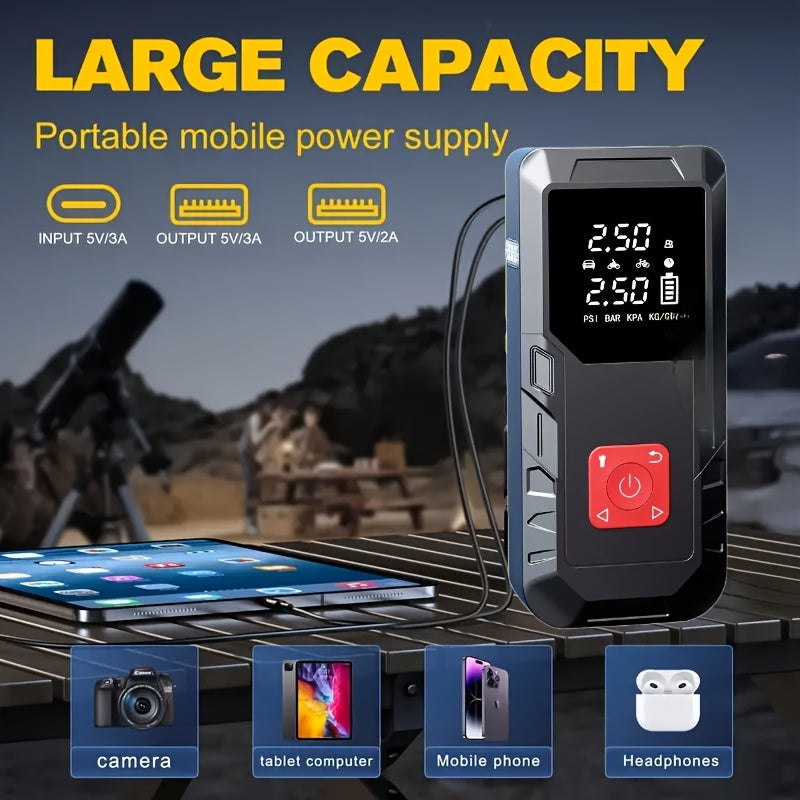 Démarreur de voiture 10000 A avec compresseur d'air 350 PSI, batterie de secours portable 9 en 1 avec lampe LED, charge rapide USB Type-C, gonfleur de pneus – Kit d'urgence pour voiture 12 V et cadeau