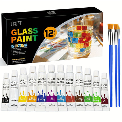 Kit de peinture sur verre, 12 couleurs acryliques non toxiques pour verre, vitraux, verres à vin, fenêtres et tasses en céramique, certifié ASTM, sans odeur, avec 3 pinceaux, pour adultes, artistes et débutants