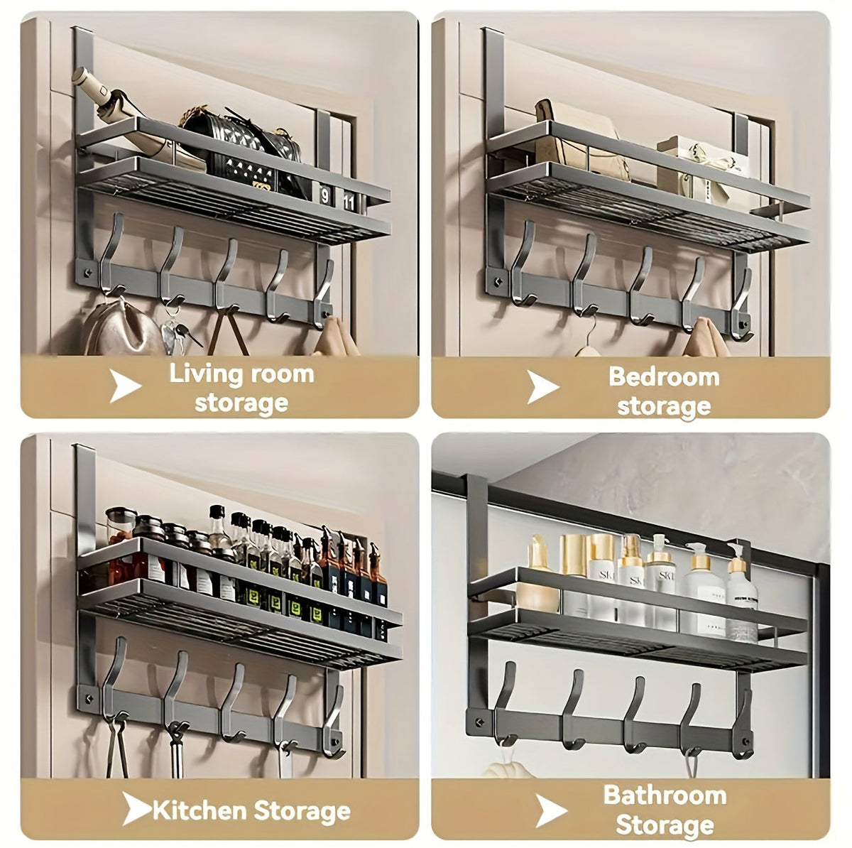 Porte-vêtements de porte avec crochets, organisateur en métal robuste pour chambre, salle de bain, cuisine, placard, aucun outil requis, 4 à 8 crochets