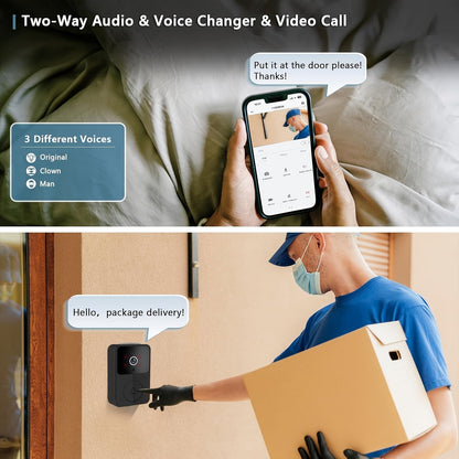 Sonnette vidéo sans fil avec caméra HD, vision nocturne, alertes de mouvement et audio bidirectionnel – Sonnette WiFi intelligente, visualisation mobile à distance, changeur de voix, batterie rechargeable, 2,4 GHz, sécurité domestique