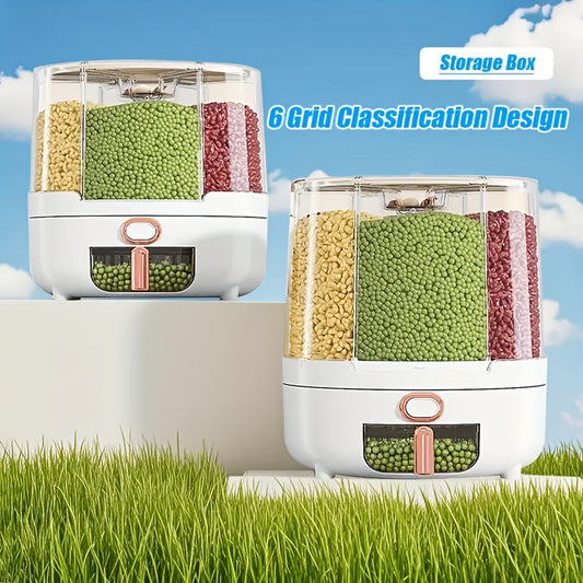 Distributeur de céréales rotatif à 6 compartiments, grand récipient de stockage de riz hermétique, distributeur de grains anti-humidité et anti-insectes avec fenêtre transparente et bouton-poussoir, PP de qualité alimentaire pour riz, céréales et farine