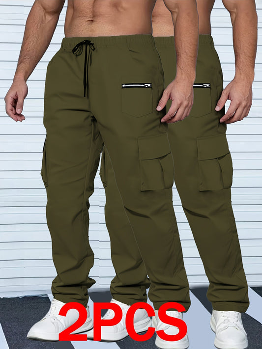 Men's Cargo Pants 2-Pack Multi-Pocket Elastic Waist Drawstring Hiking Trousers Breathable Loose Straight Fit All Season Black Khaki Dark Grey Sizes S-XXL
