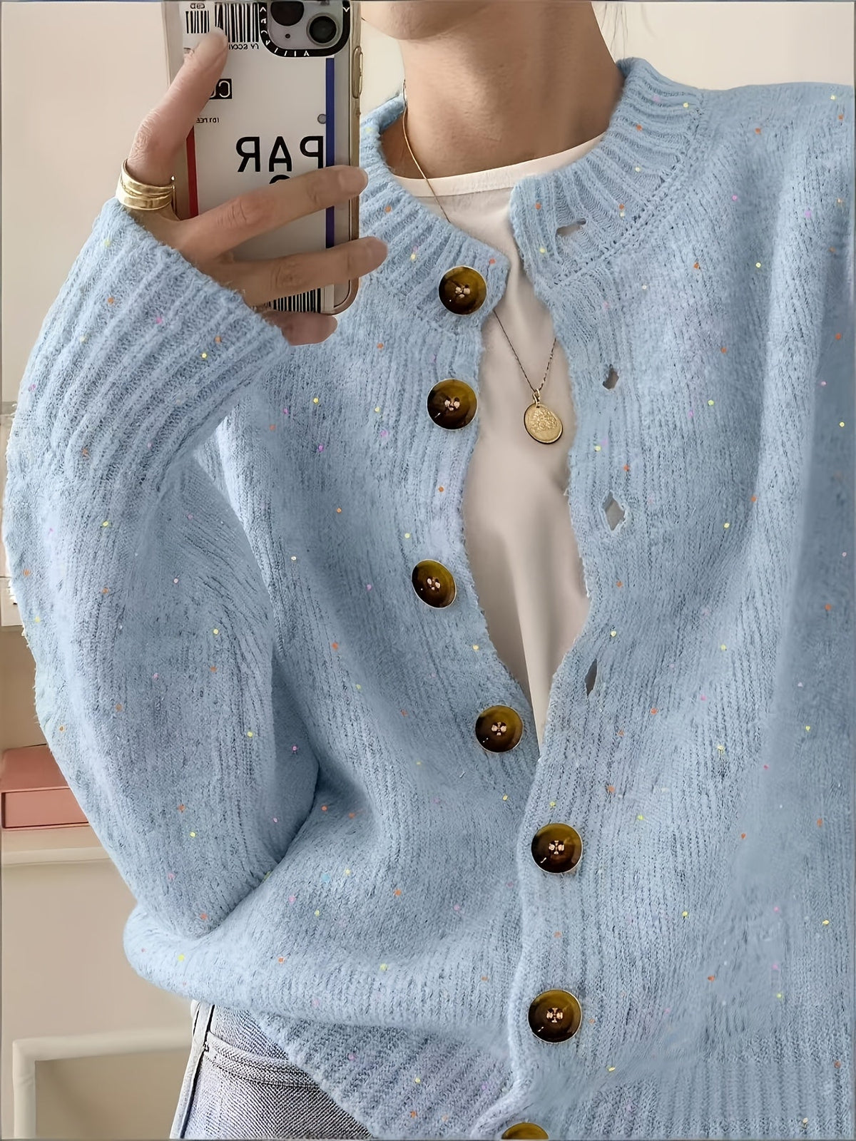 Cardigan décontracté pour femme à boutons, manches longues, col rond, maille colorée | Haut élégant et léger en tissu extensible à motif pois bonbon, tailles S M L XL