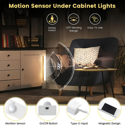 Lot de 3 et 6 éclairages LED pour placards avec détecteur de mouvement et recharge USB-C – Veilleuse magnétique sans fil sous meuble avec 3 modes pour cuisine, placard, escaliers, couloir et salle de bain, 10 cm/20 cm/30 cm